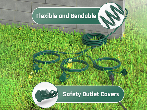 Outdoor extension cord—flexible bendable, safety outlet covers