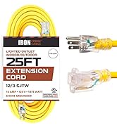 IRON FORGE CABLE 25 ft Lighted Outdoor Extension Cord - 12/3 SJTW Heavy Duty Yellow Extension Cab...