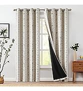 jinchan Full Blackout Boho Curtains 84 Inches Long for Bedroom Black on Beige Geometric Printed G...