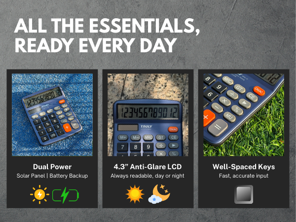 Dark blue Truly calculator with dual power solar battery, anti glare LCD, smooth daily use