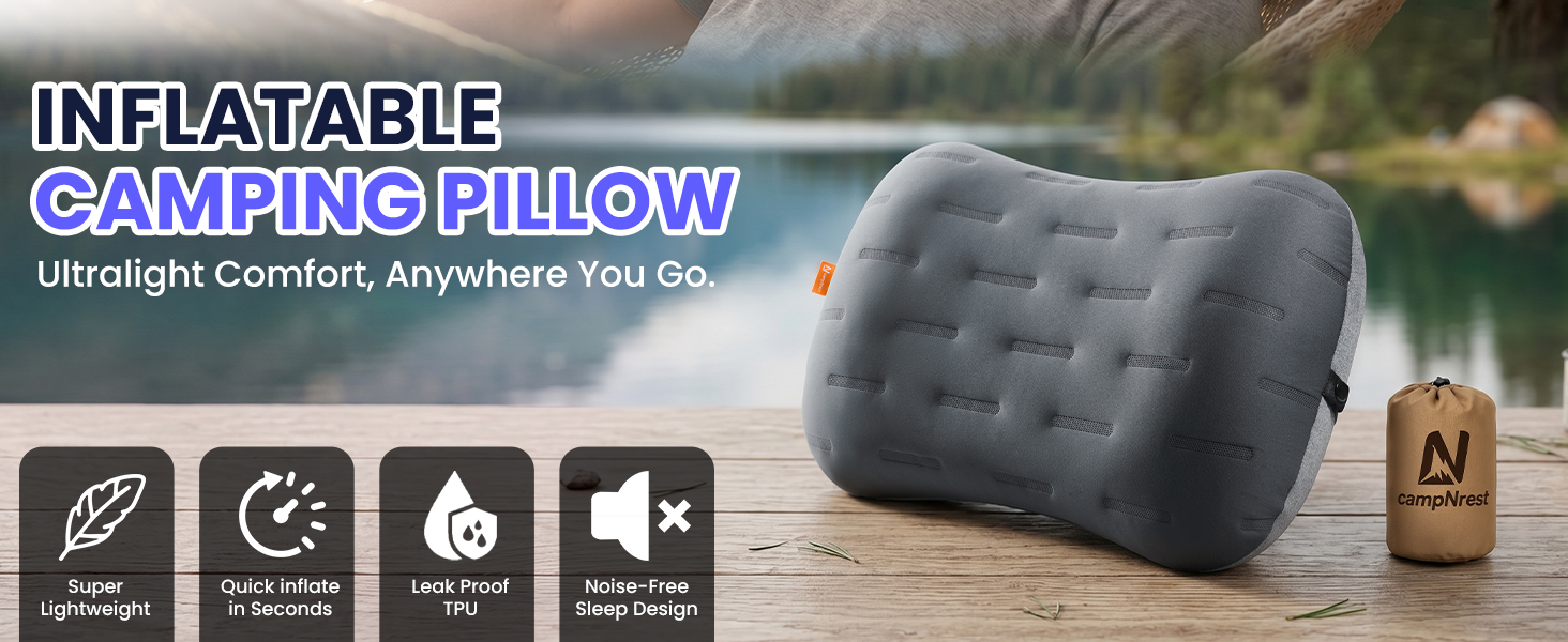 inflatable camping pillow with tan storage sack