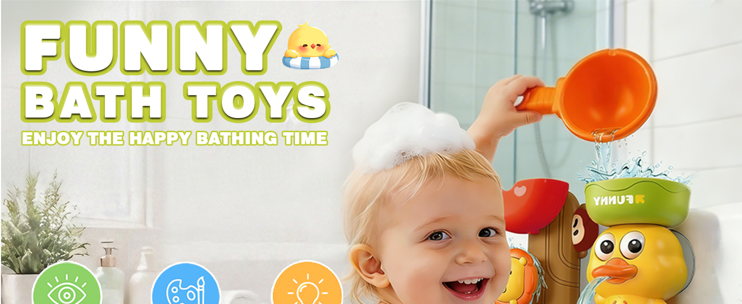 Funny bath toys for happy bathing time – colorful tub play, kids laughing and having fun.