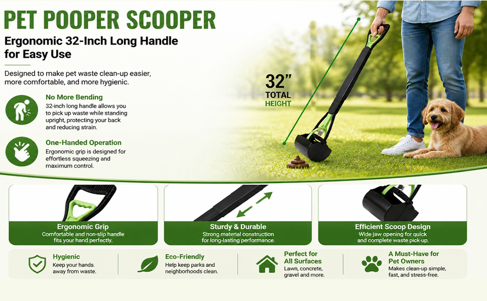 32 Inch Long Handle for Easy Use, No More Bending and One Handed Operation
