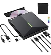 ORIGBELIE External CD DVD Drive with 4 USB Ports and 2 TF/SD Card Slots, USB 3.0 Portable CD/DVD ...