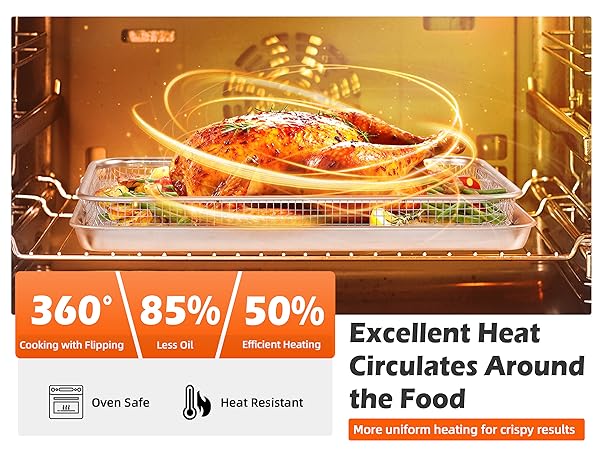 Elevated air fryer rack allows heat circulate around the food for 360° even heating