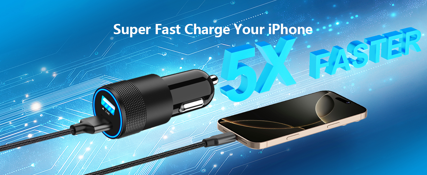 MFi Certified 4.8A USB Smart Power Cigarette Lighter USB Charger iPhone Car Charger Fast Charging