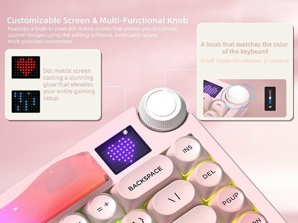 75% Wireless Mechanical Keyboard with Screen and Knob, Pink Cat Creamy Bluetooth Gaming Keyboard