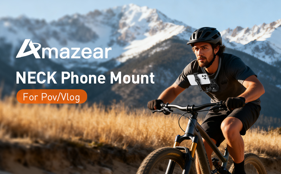 Text reads 'NECK Phone Mount' and 'For POV/Mug'. Marketing image shows mountainous background with product branding 'Amazear'.