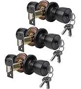 DSJJBLL with Key Matte Black Round Ball Door Knob Passage Door Privacy Locking Interior/Exterior ...