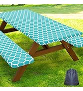 Smiry Picnic Table Cover with Bench Covers, Waterproof Elastic Fitted Tablecloth for 6 Foot Table...