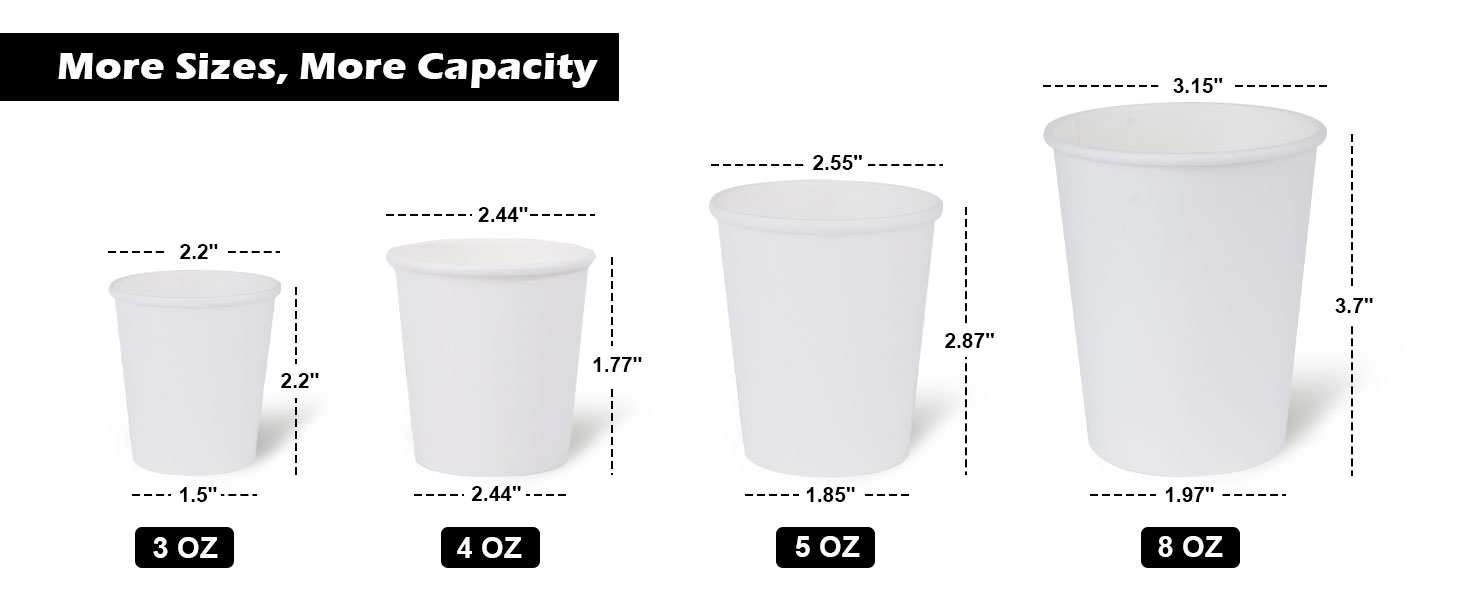 Disposable white paper cups are available in 3/4/5/8oz sizes!