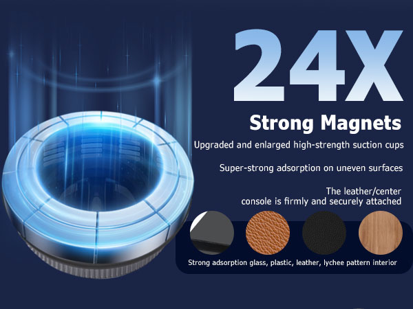 Multi-function, multi-angle. 24X magnets + upgraded cups grip all surfaces – secure on any dash