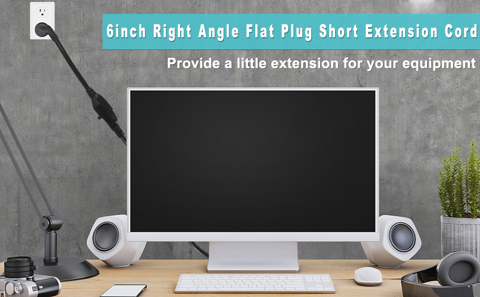 Flat Plug Extension Cord 3 Prong Grounded Wire Short Angle Power Cord Black