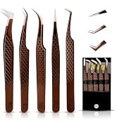 5 Pcs Fiber-Tip Japanese Steel Lash Tweezer Set with Leather Case, Professional Eyelash Tweezers ...