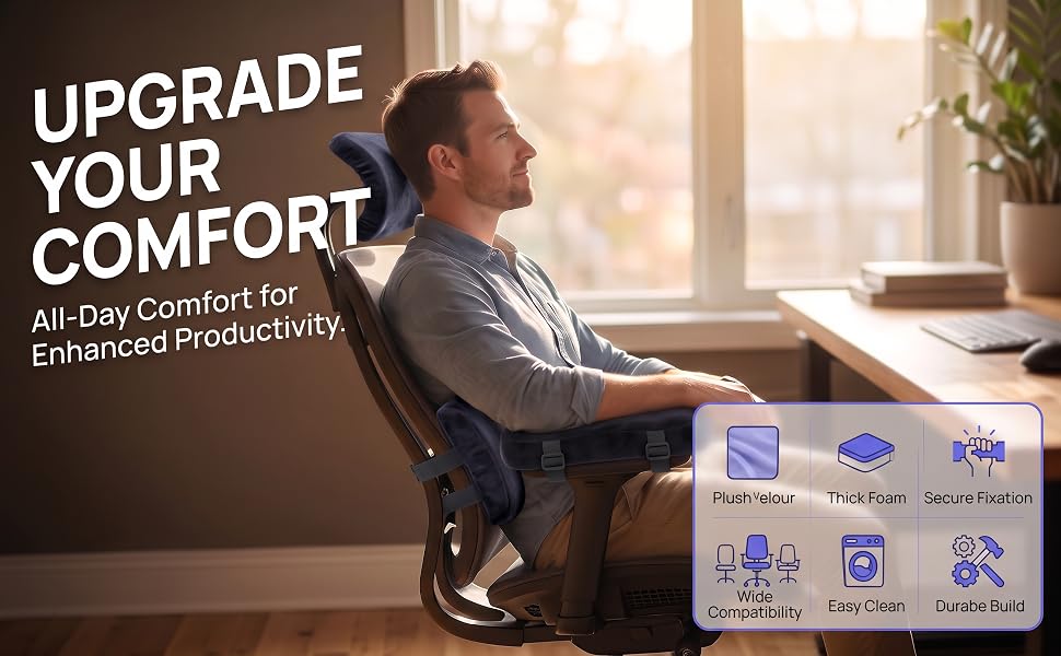 Features infographic showing plush material, thick foam, secure straps, and solid construction.