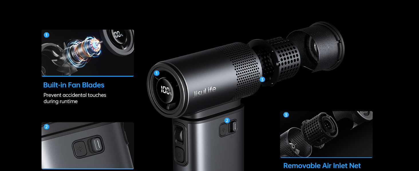 Black handheld device with built-in fan blades, removable air inlet net, and power button. Cylindrical shape with textured grip and blue highlights. Likely a portable air blower or cooling device.