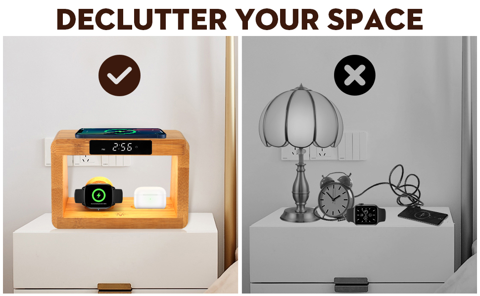 Touch the wooden table lamp with alarm clock to charge at the same time