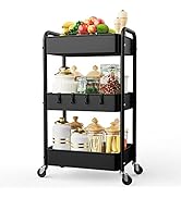 LEHOM 3 Tier Rolling Utility Cart, Metal Trolley Cart with Wheels, Hooks, Easy Assembly Organizer...
