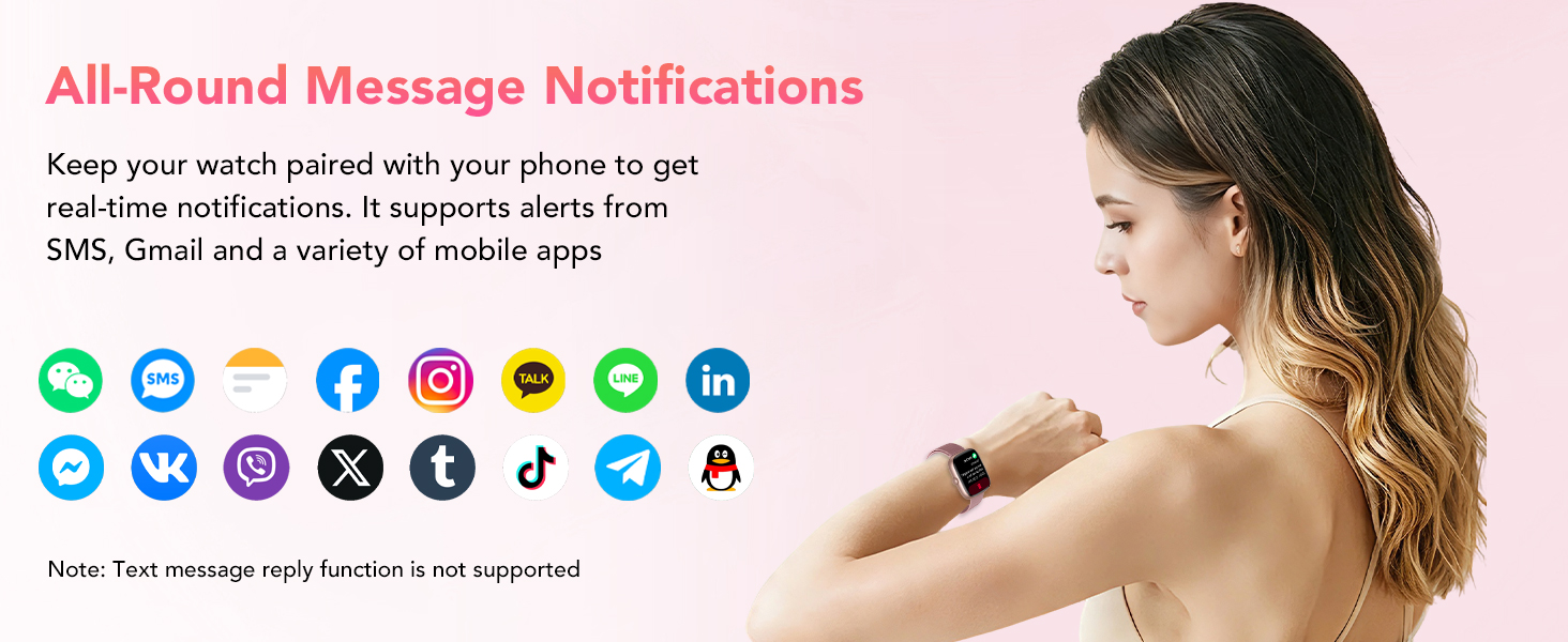 Text reads: 'All-Round Message Notifications', 'Keep your watch synced with your phone to get notifications for calls, emails, messages, SMS, email and a variety of mobile apps.' Woman wearing smartwatch on wrist displaying colorful app notification icons (messaging, social media platforms) in circular format.