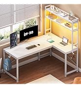 SEDETA White Corner Desk, Reversible 45.3” Small Computer Desk with Power Outlet and LED Lights, ...