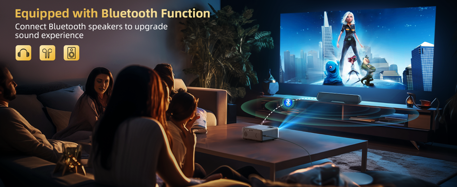 GC666 Projector with Bluetooth allows you to use extra bt speakers soundbar and earbuds