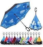 LLanxiry Windproof Inverted Umbrella, Large Reverse Umbrellas for Rain with C-shaped Handle Big U...