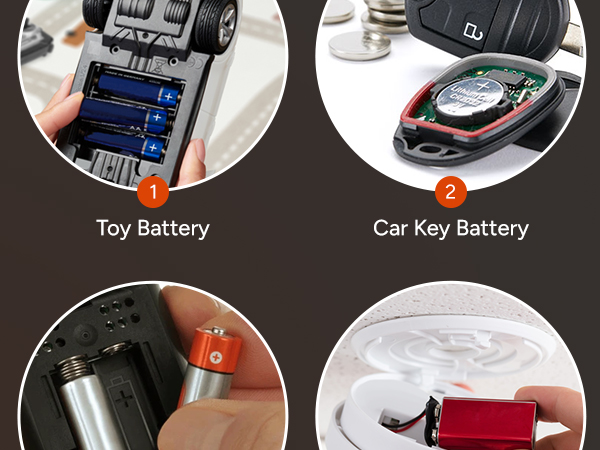 Text reads "Toy Battery" and "Car Key Battery." Split image showing four different battery types: toy battery, car key battery, cylindrical battery, and red rechargeable battery pack.