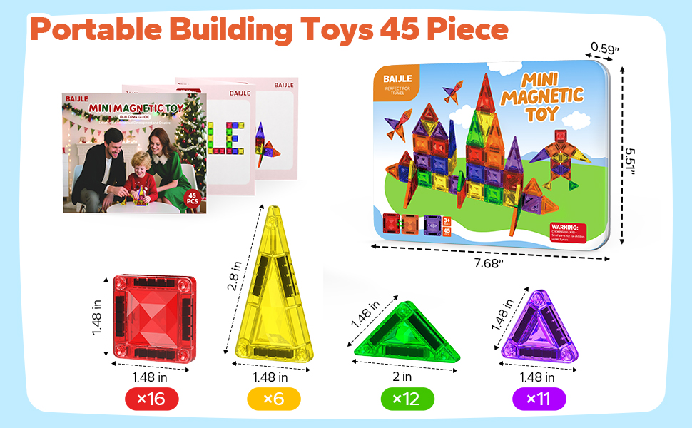 45PCS Diamond Pattern Magnetic Tiles Travel Set with Case