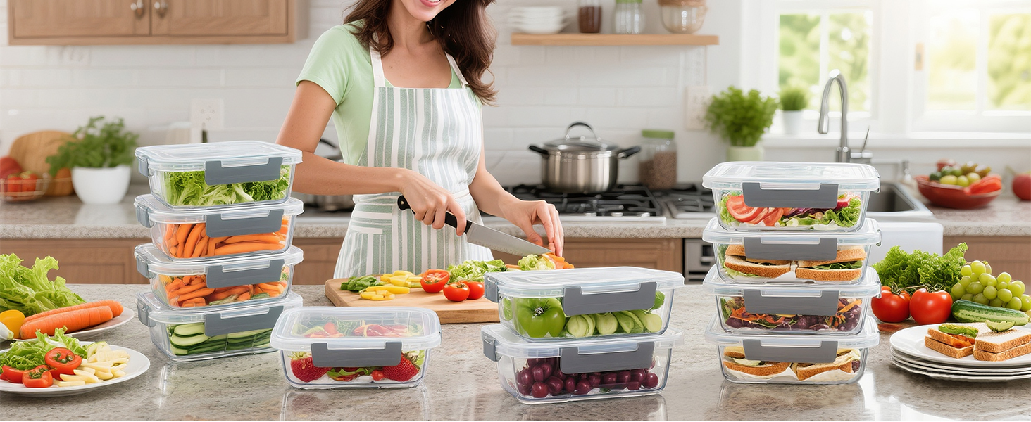 Glass food storage container with lids