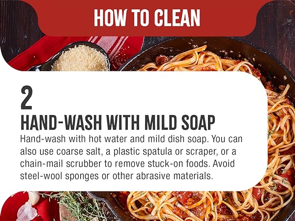 A cast-iron skillet frying pan cooking pasta. Text reads: Hand-wash with mild soap.