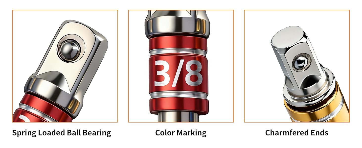 GRENPRO socket adapter with spring-loaded ball bearing, color marking, and chamfered ends