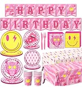 143pcs Preppy Birthday Decorations-Pink Smiley Face Birthday Plates Napkins Tablecloths Emoji Dec...