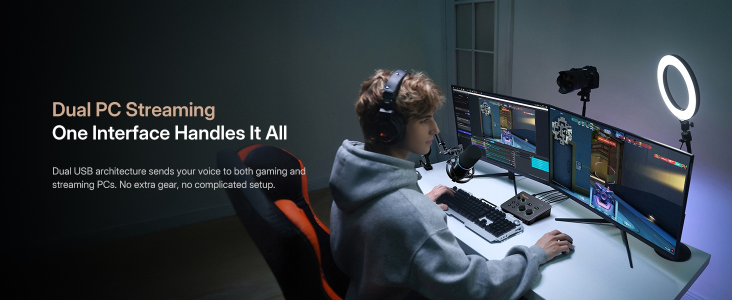 Gamer live streaming gameplay with Maono P2 audio interface dual PC streaming setup