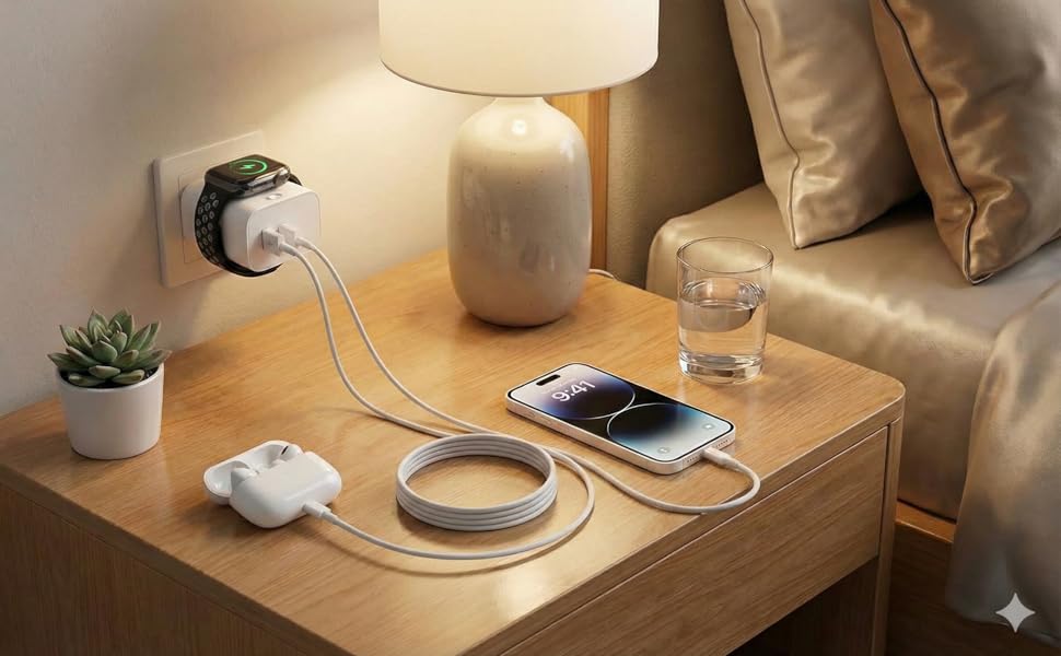 Travel wall charger for Apple Watch 11 and iPhone 17 charging simultaneously on a hotel nightstand