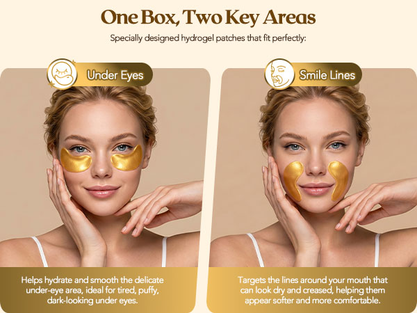 Specially designed hydrogel patches that fit perfectly: Under Eyes &amp;amp;amp; Smile Lines