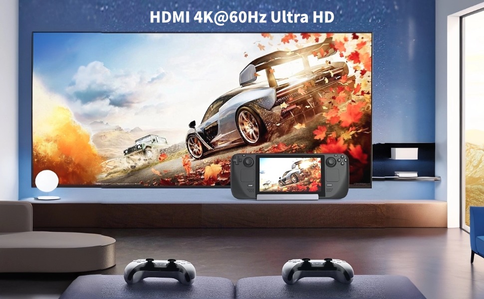 Text reads 'HDMI 4K@60Hz Ultra HD'. Series of images showing gaming or entertainment setup with large display screens showing action scenes.