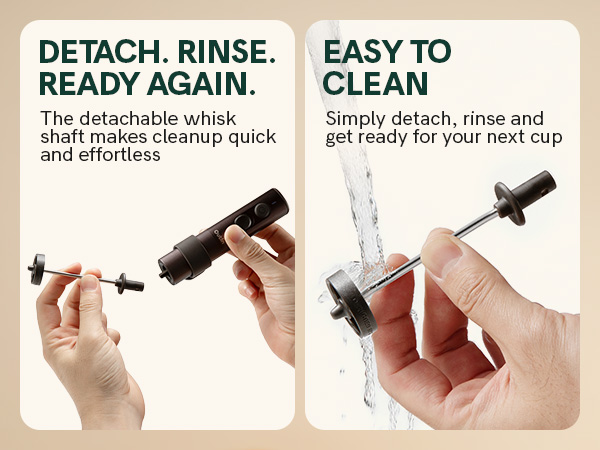 Text reads "DETACH. RINSE. READY AGAIN." and "EASY TO CLEAN." Two panels show detachable whisks demonstrating quick cleanup and effortless rinsing before next use, with hands holding black whisks with detachable components.