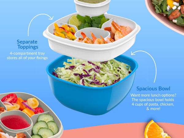 salad bowl with toppings, salad bowl with dressing container, salad bowl, bentgo salad