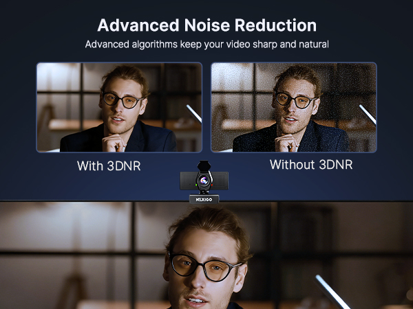 A man is attending a company video meeting using a noise-canceling microphone.