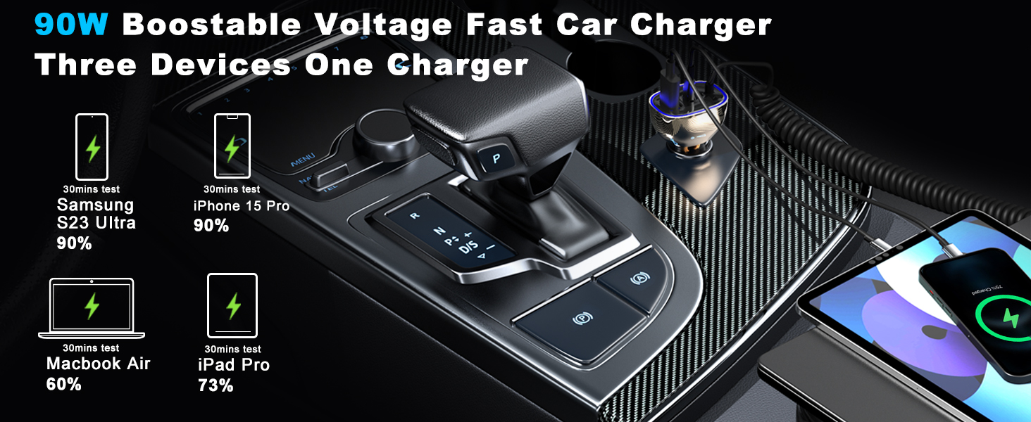 90W Boostable Voltage Fast Car Charger Three Devices One Charger