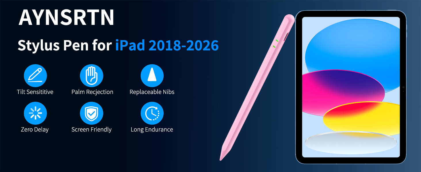 AYNSRTN Stylus Pen for iPad 2018–2026 Tilt sensitivity, palm rejection, replaceable nibs, zero delay