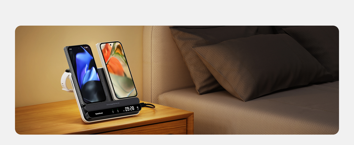 Wireless charging station on bedside table displaying multiple phones charging simultaneously with illuminated screens.