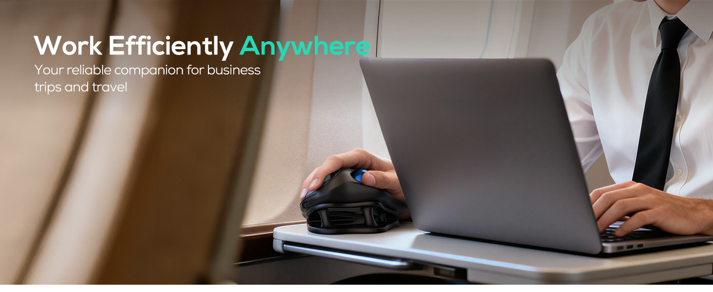 Text reads 'Work Efficiently Anywhere'. Person typing on laptop with desk accessories in warm-lit indoor setting.