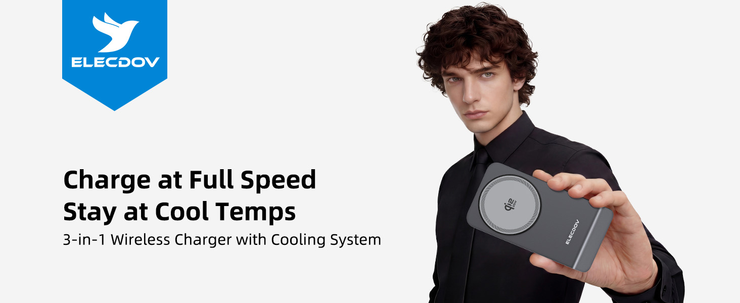 Text reads 'Charge at Full Speed Stay at Cool Temps' Product shots showing charging technology or cooling system components.