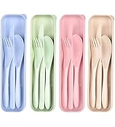 Lnrkai Travel Utensils Set with Case, 4 Sets Wheat Straw Reusable Spoon Knife Forks Tableware, Po...