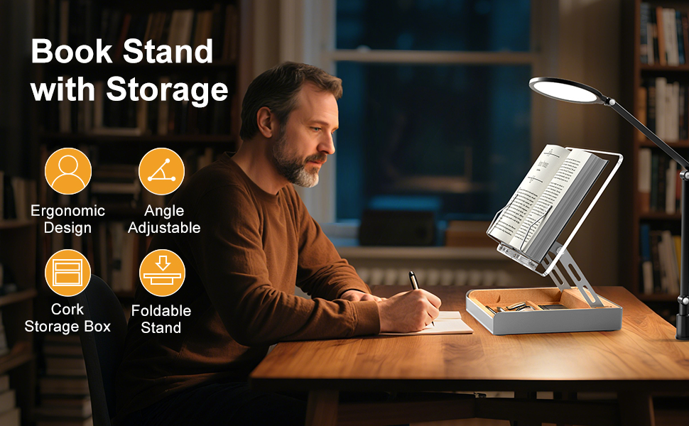 Book Stand with Storage Ergonomic Design Angle Adjustable Cork Storage Box Foldable Stand