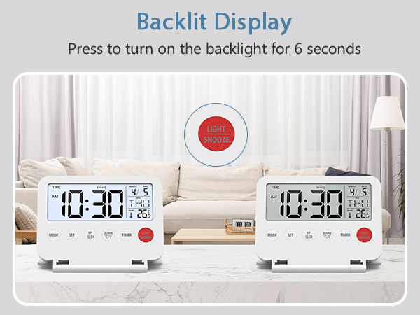 Digital Travel Alarm Clock, Large LCD Display Small Alarm Clock with Temperature, 12/24H, Desk Clock