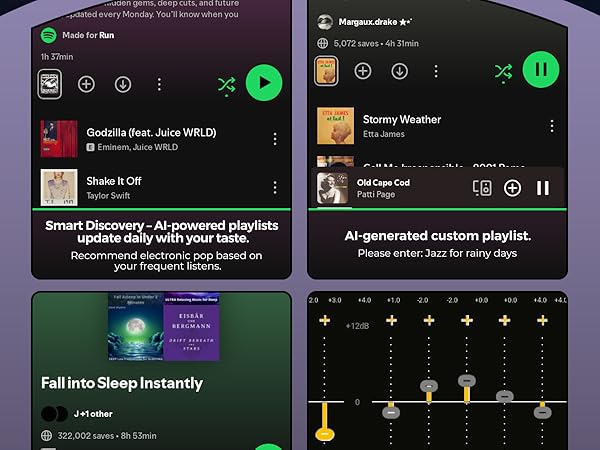 Music app screens showing AI-powered playlists, custom recommendations, and an equalizer interface.