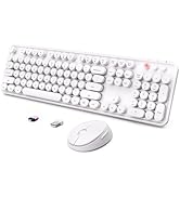 Wireless Keyboard and Mouse Combo, Ergonomic Full Size Typewriter Retro Round Keycaps Keyboard, C...