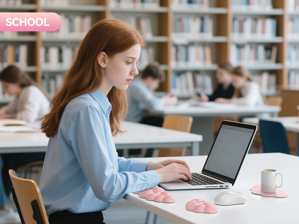 Student using laptop in library. Table has white mouse, pink ergonomic wrist rest, and coffee mug. Bookshelves and other students visible in background.
